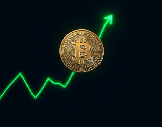 Bitcoin coin above a rising graph, symbolizing Grayscale's early bull market signal for BTC.