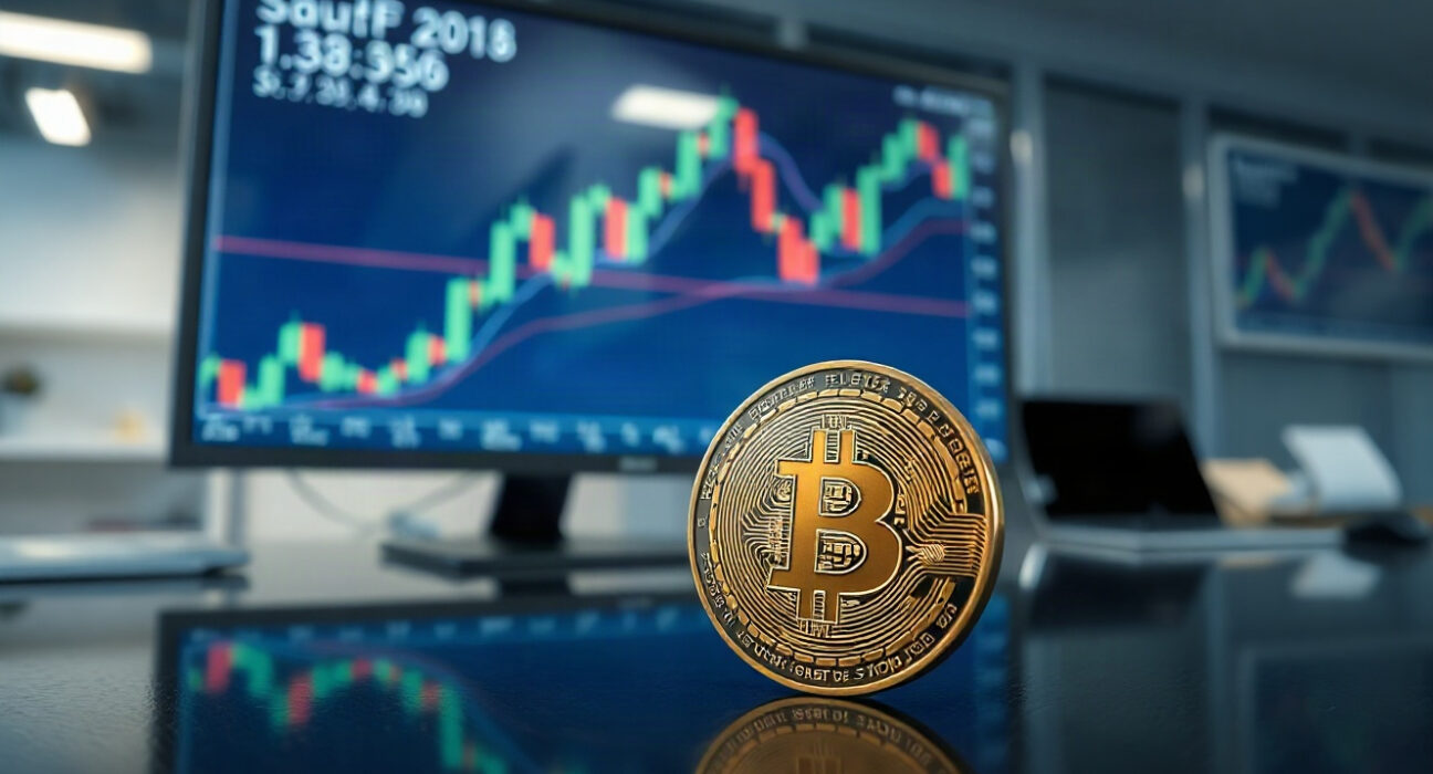 Bitcoin coin in front of a trading chart with a resistance line