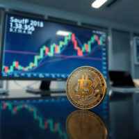 Bitcoin coin in front of a trading chart with a resistance line