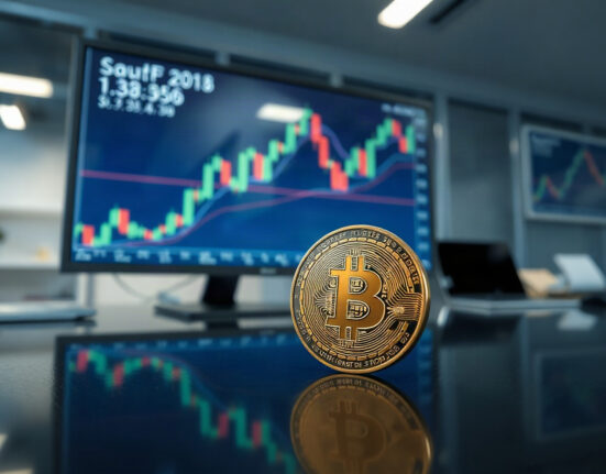 Bitcoin coin in front of a trading chart with a resistance line
