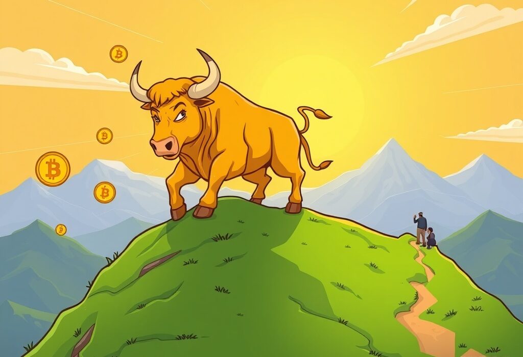 A powerful golden bull symbolizes the strong Bitcoin bull market, climbing towards a predicted peak, illustrating the ongoing crypto surge.