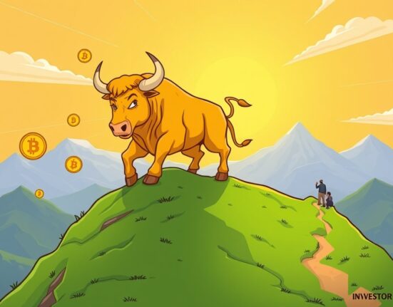 A powerful golden bull symbolizes the strong Bitcoin bull market, climbing towards a predicted peak, illustrating the ongoing crypto surge.