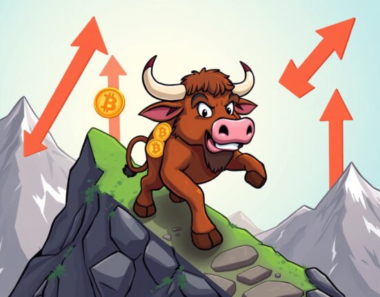 Bitcoin bull market recovery illustrated by bullish character climbing upward