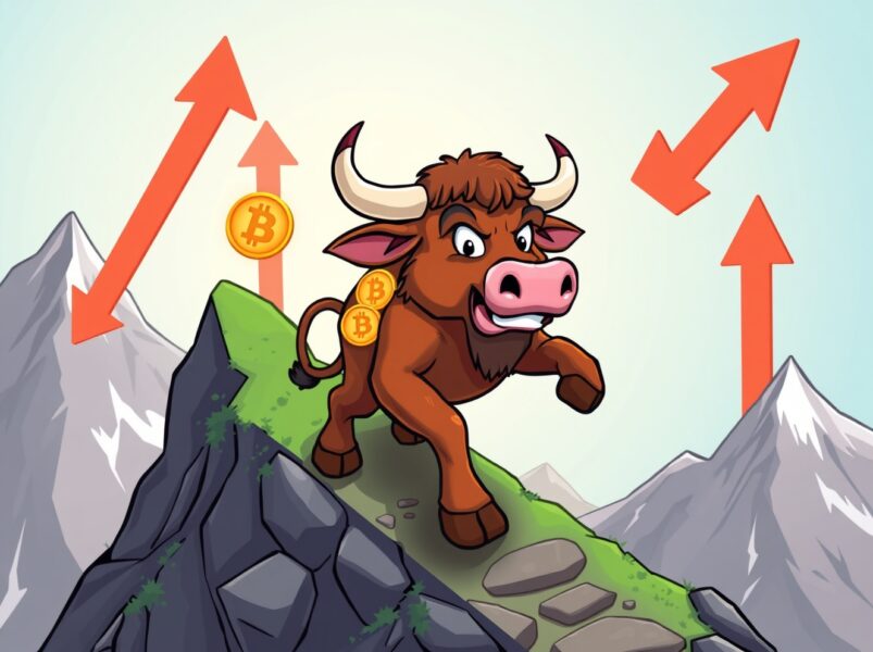 Bitcoin bull market recovery illustrated by bullish character climbing upward