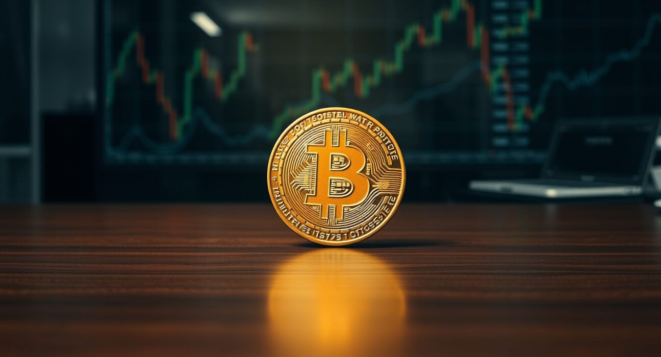 Bitcoin coin on a wooden desk with blurred financial charts in the background, representing market analysis.