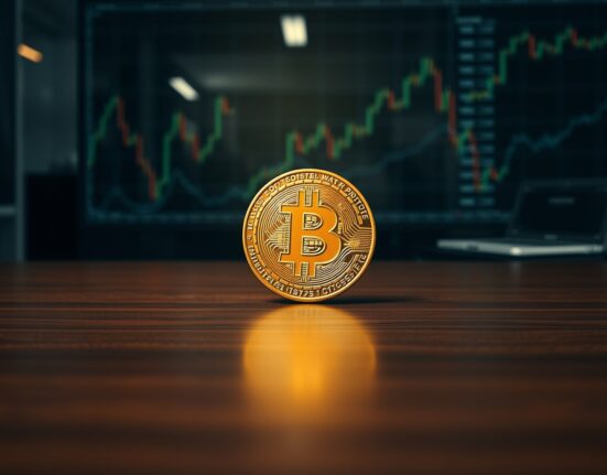 Bitcoin coin on a wooden desk with blurred financial charts in the background, representing market analysis.