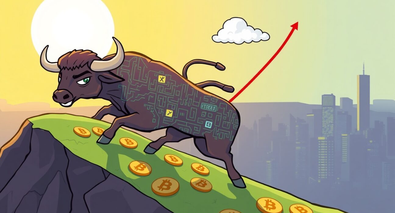 A cartoon bull representing the Bitcoin bull market confidently pushing upwards, signifying sustained growth despite minor setbacks.