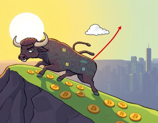 A cartoon bull representing the Bitcoin bull market confidently pushing upwards, signifying sustained growth despite minor setbacks.