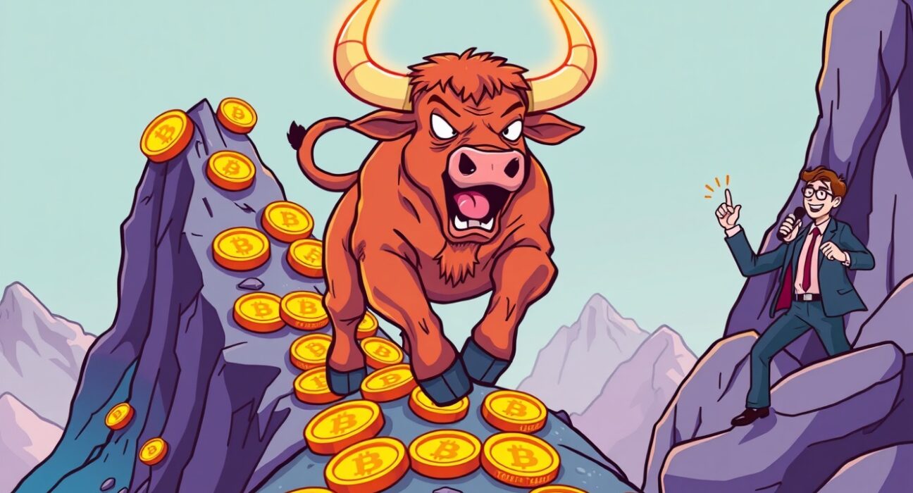 A vibrant cartoon bull charging up a Bitcoin mountain, symbolizing the ongoing Bitcoin bull run with strong momentum.