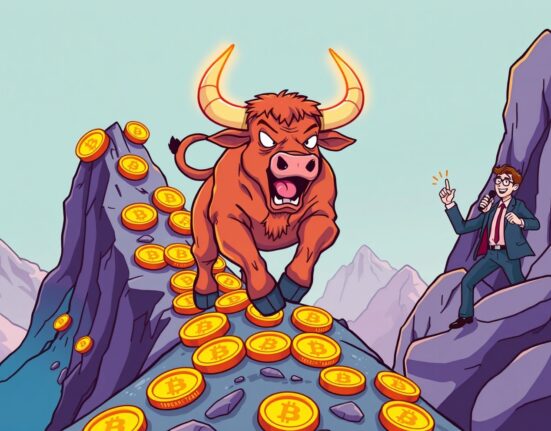 A vibrant cartoon bull charging up a Bitcoin mountain, symbolizing the ongoing Bitcoin bull run with strong momentum.