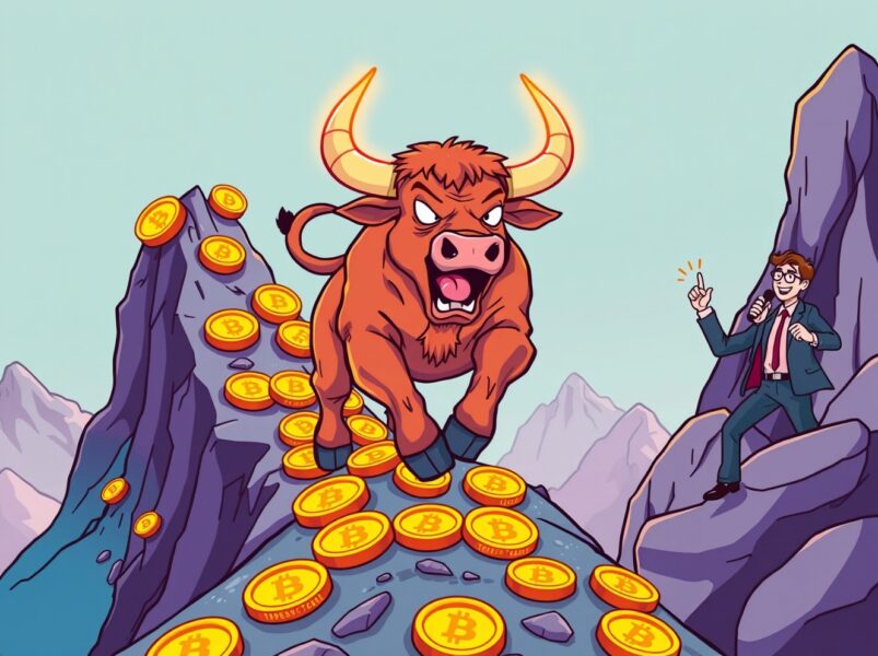A vibrant cartoon bull charging up a Bitcoin mountain, symbolizing the ongoing Bitcoin bull run with strong momentum.