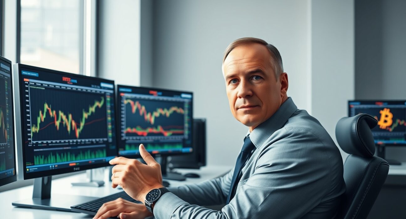 CryptoQuant CEO Ki Young Ju in an office with Bitcoin charts on monitors