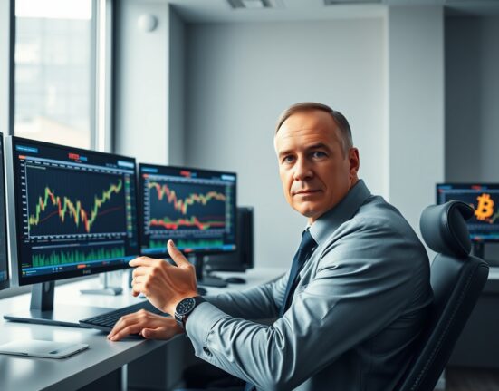 CryptoQuant CEO Ki Young Ju in an office with Bitcoin charts on monitors
