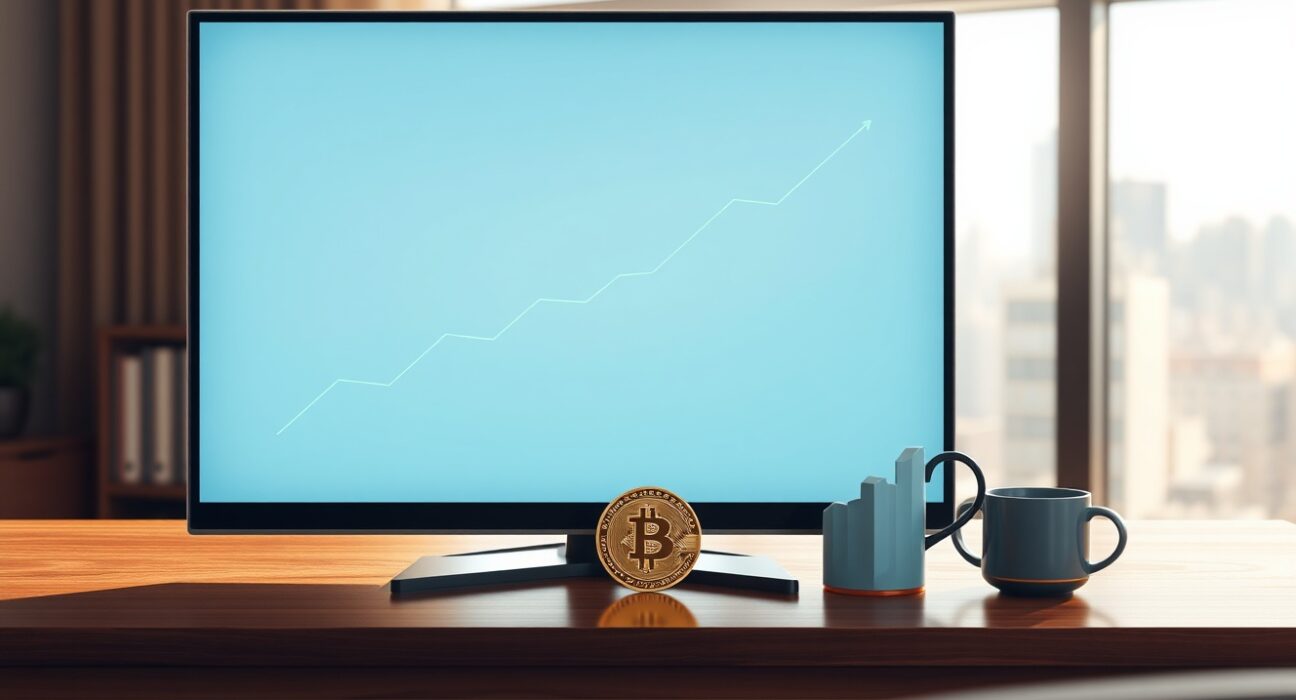 Bitcoin coin and rising price chart on desk in professional office setting