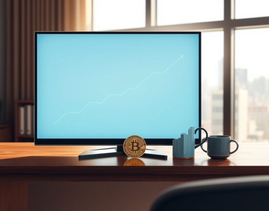 Bitcoin coin and rising price chart on desk in professional office setting