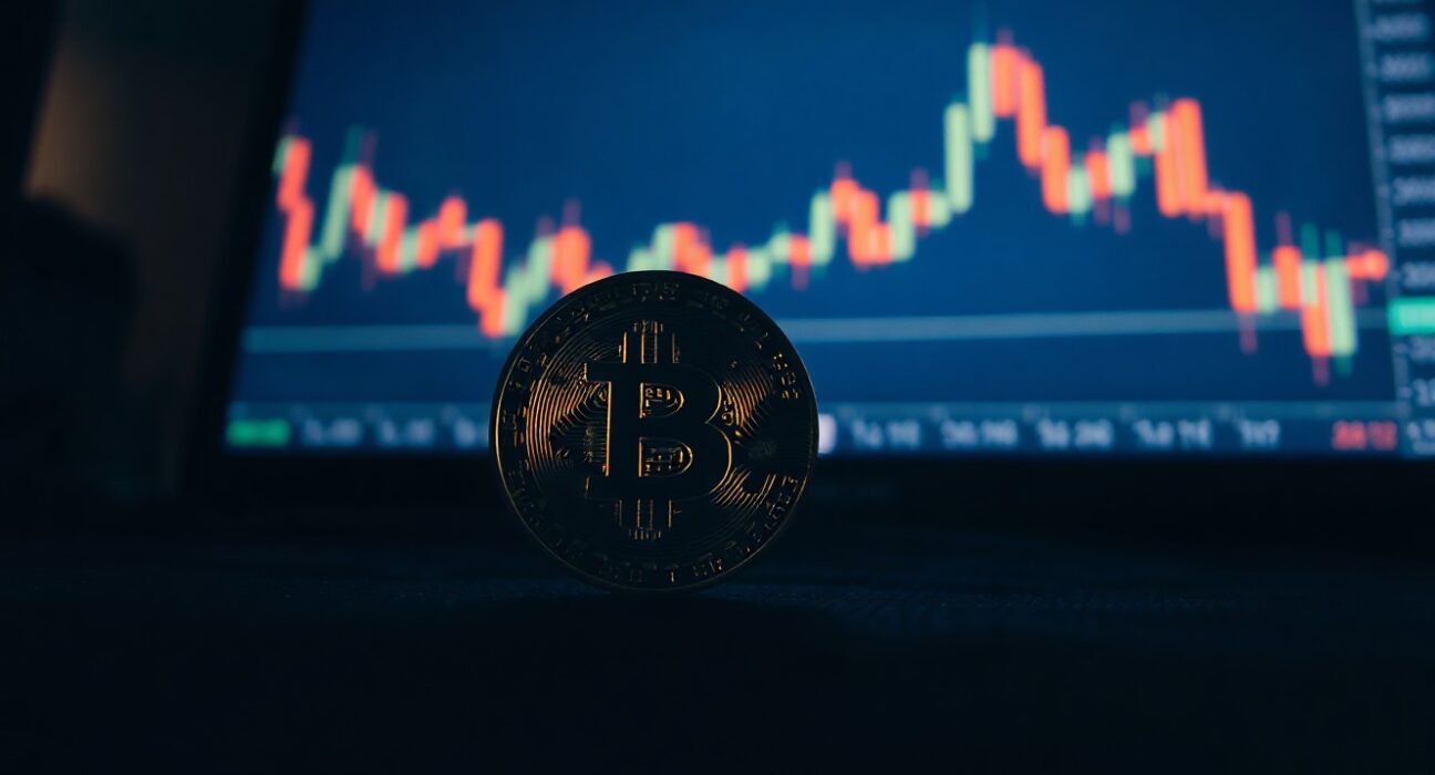 Bitcoin coin with a glowing chart in the background showing a bullish divergence pattern.