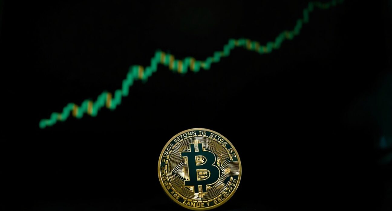 Bitcoin coin on a dark trading desk with a green chart in the background, representing a potential bullish market reversal.
