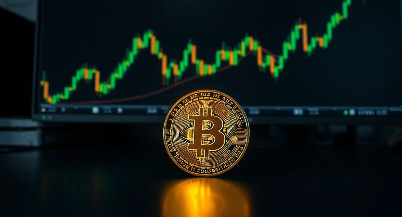 Bitcoin coin on a dark desk with a monitor showing a bullish MACD crossover and an upward price chart.