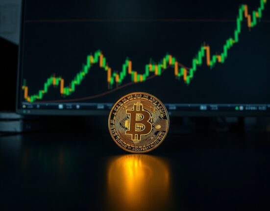 Bitcoin coin on a dark desk with a monitor showing a bullish MACD crossover and an upward price chart.