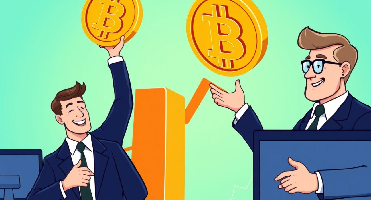A cartoon illustration showing Bitcoin bullish momentum with a rocket graphic, signifying growth and investor confidence in the crypto market.