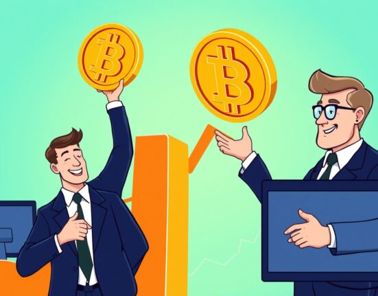 A cartoon illustration showing Bitcoin bullish momentum with a rocket graphic, signifying growth and investor confidence in the crypto market.