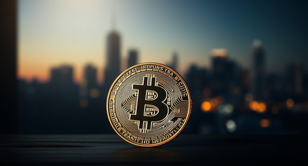 Bitcoin coin on a dark table with a dim city skyline background, representing market uncertainty.