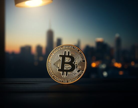 Bitcoin coin on a dark table with a dim city skyline background, representing market uncertainty.