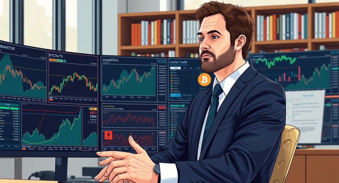 Analyst Jamie Coutts assessing Bitcoin price charts and liquidity risk indicators in a professional setting.