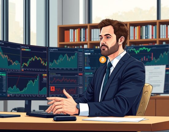 Analyst Jamie Coutts assessing Bitcoin price charts and liquidity risk indicators in a professional setting.