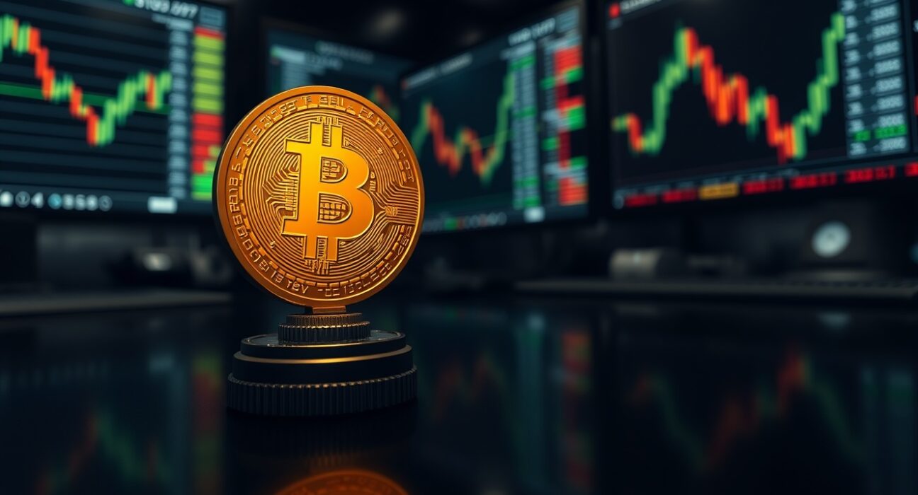 Bitcoin coin glowing on a trading desk with upward-trending charts in background