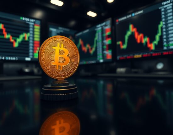 Bitcoin coin glowing on a trading desk with upward-trending charts in background