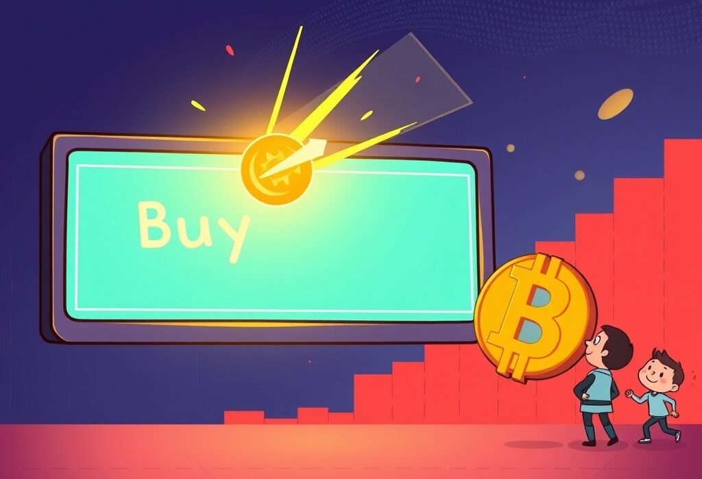 Cartoon illustration of a rare Bitcoin buy signal appearing on a chart, signifying a potential investment opportunity.