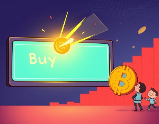 Cartoon illustration of a rare Bitcoin buy signal appearing on a chart, signifying a potential investment opportunity.
