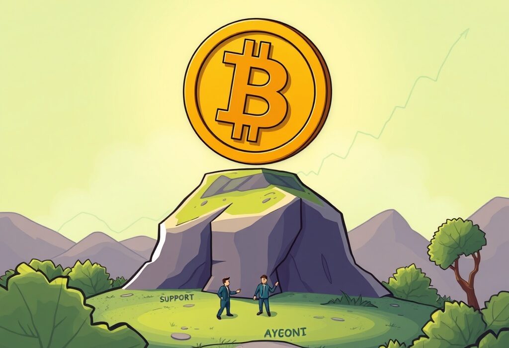 A cartoon illustration depicting Bitcoin's potential buy zone, showing a strong support level for BTC.