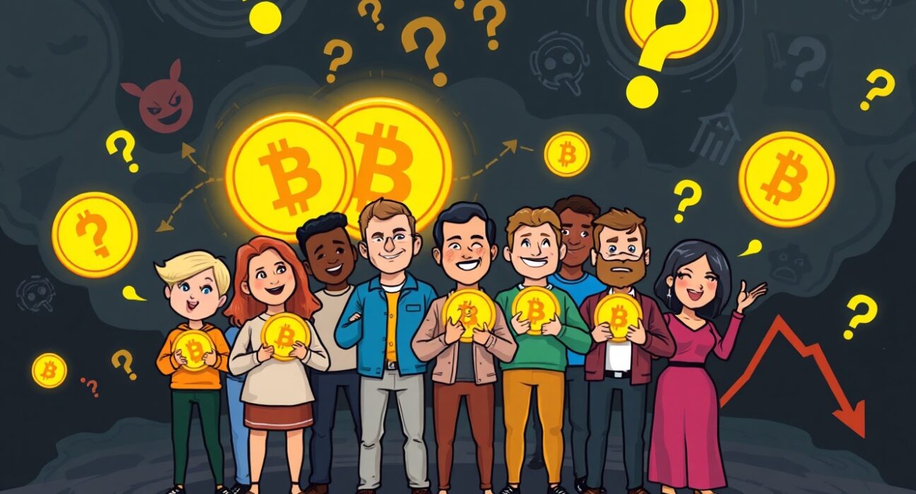 Confident Bitcoin buyers acquiring tokens calmly during a stormy, fearful market background.