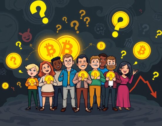 Confident Bitcoin buyers acquiring tokens calmly during a stormy, fearful market background.