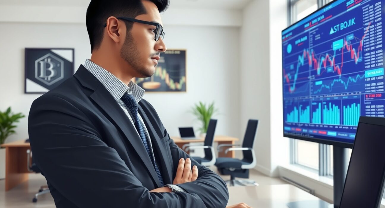 Corporate executive analyzing Bitcoin market data and cryptocurrency investment strategies in professional setting.