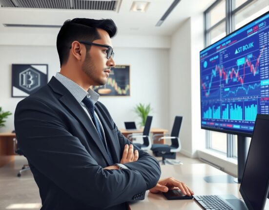 Corporate executive analyzing Bitcoin market data and cryptocurrency investment strategies in professional setting.