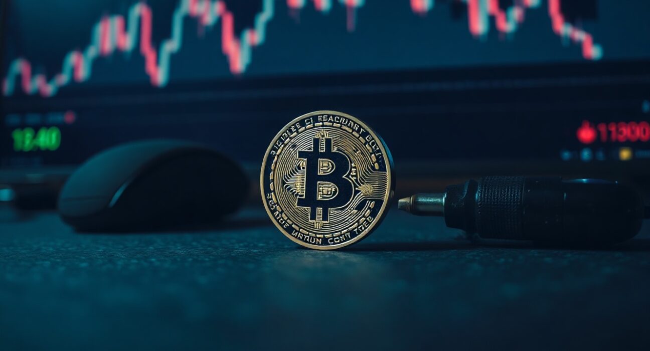 Bitcoin coin in foreground with blurred stock chart background, symbolizing market analysis.
