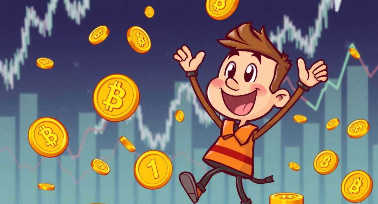 Bitcoin buying opportunity shown through cartoon character catching falling cryptocurrency coins