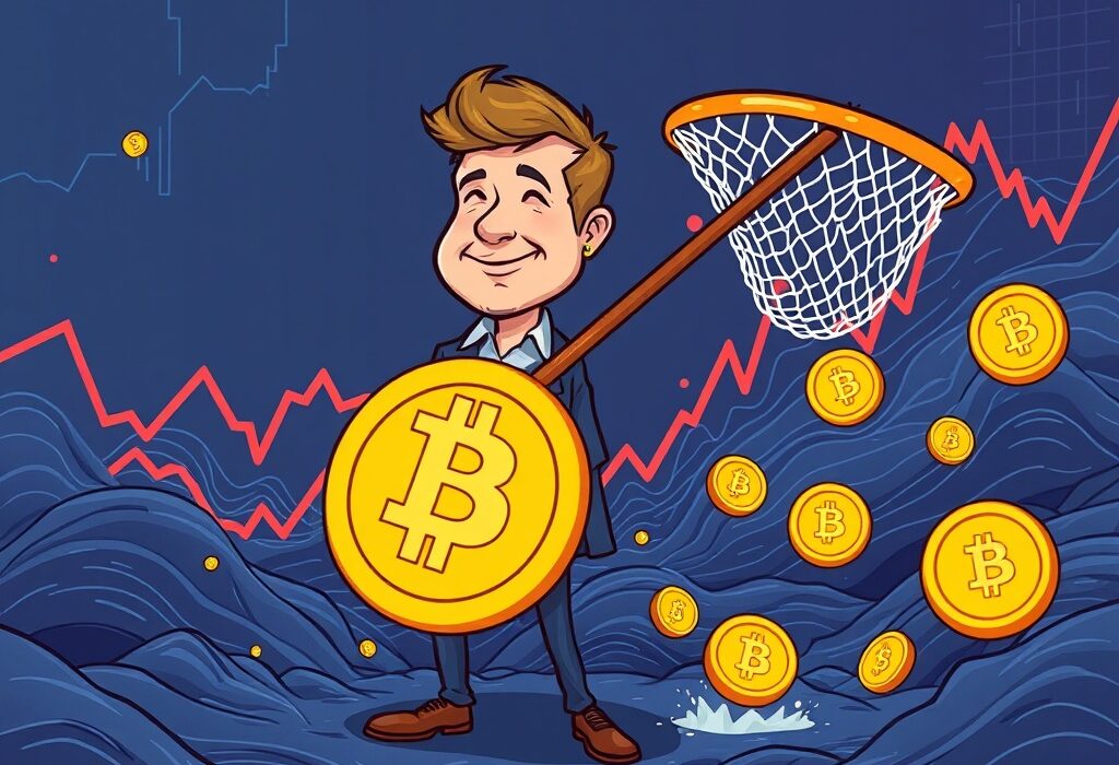 A cartoon showing a strategic investor ready to seize a Bitcoin buying opportunity amidst market volatility.