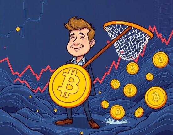 A cartoon showing a strategic investor ready to seize a Bitcoin buying opportunity amidst market volatility.