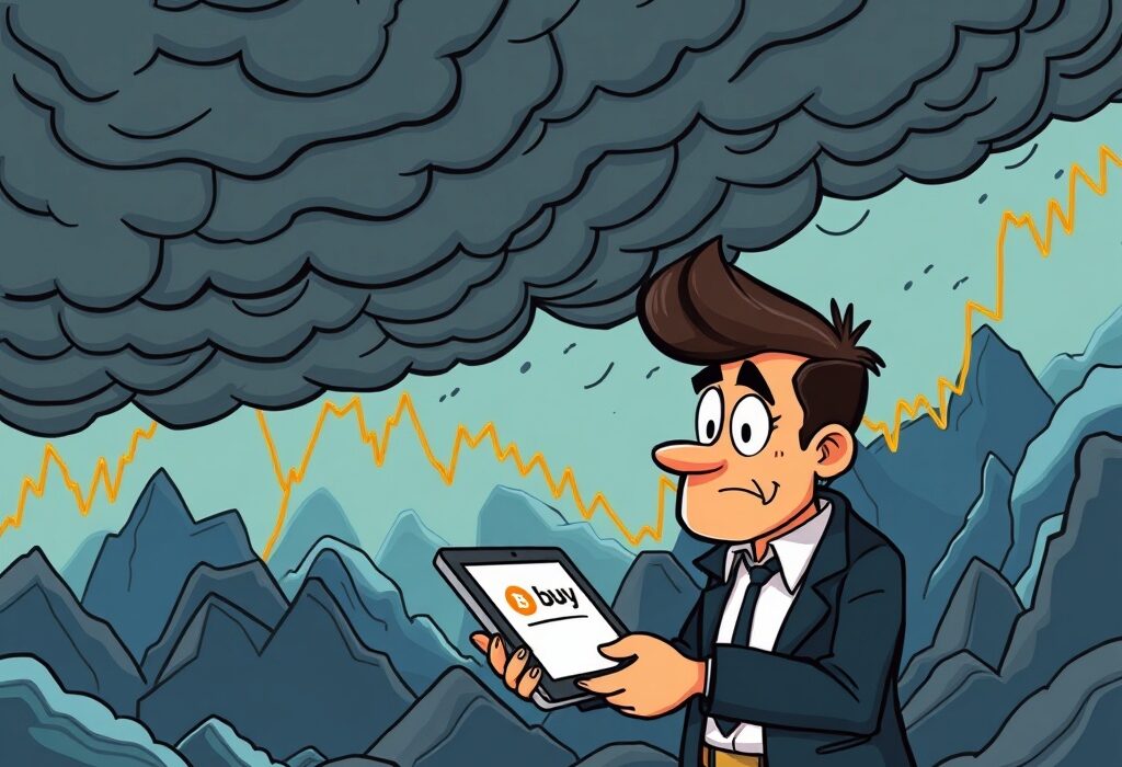 A cartoon investor calmly identifies a strategic Bitcoin buying opportunity amidst stormy market conditions.