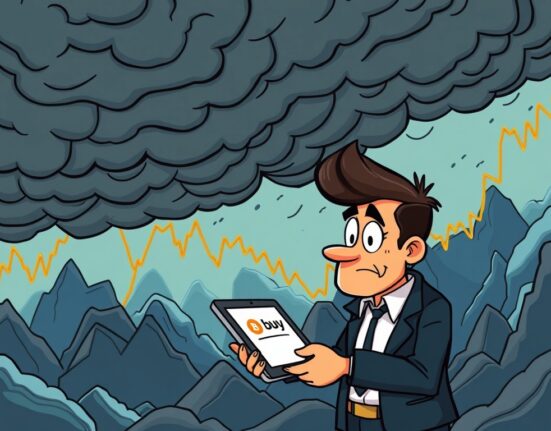 A cartoon investor calmly identifies a strategic Bitcoin buying opportunity amidst stormy market conditions.