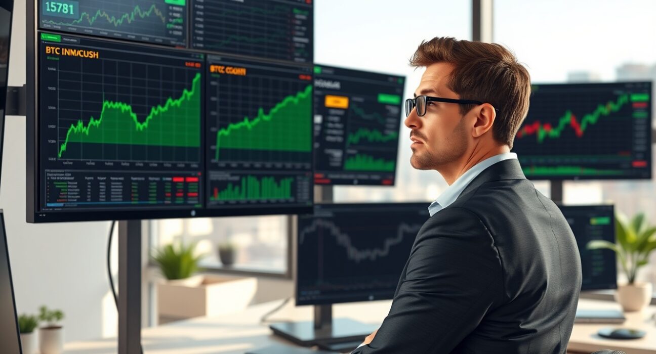 Financial analyst reviewing Bitcoin market data showing signs of recovery and institutional interest.