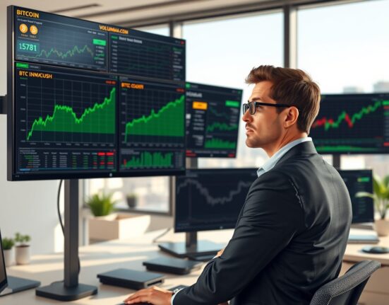 Financial analyst reviewing Bitcoin market data showing signs of recovery and institutional interest.