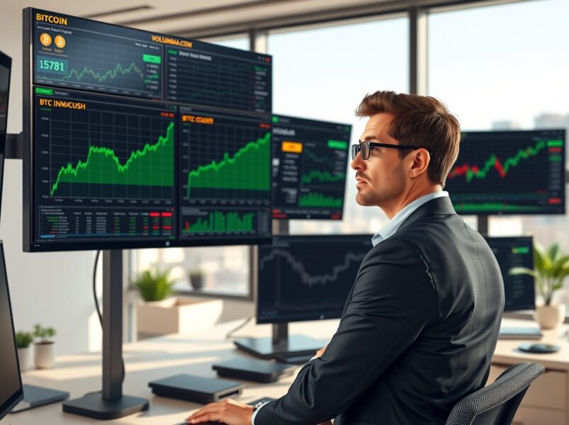Financial analyst reviewing Bitcoin market data showing signs of recovery and institutional interest.