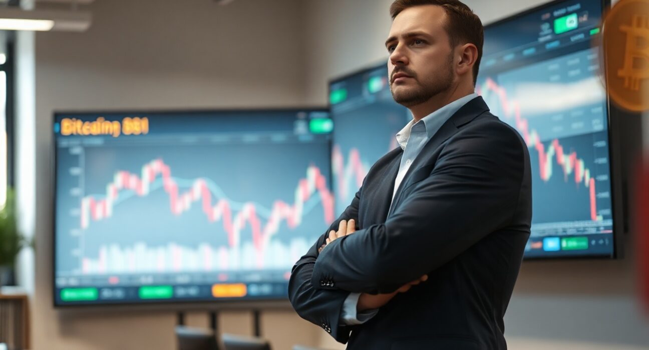 Financial analyst standing near Bitcoin price chart in office, serious expression, corporate setting