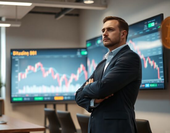 Financial analyst standing near Bitcoin price chart in office, serious expression, corporate setting