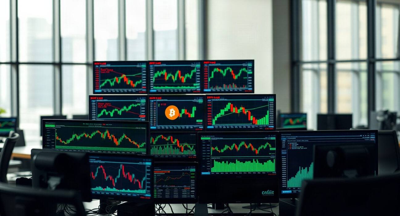 Trading desk monitors showing Bitcoin price charts and options data